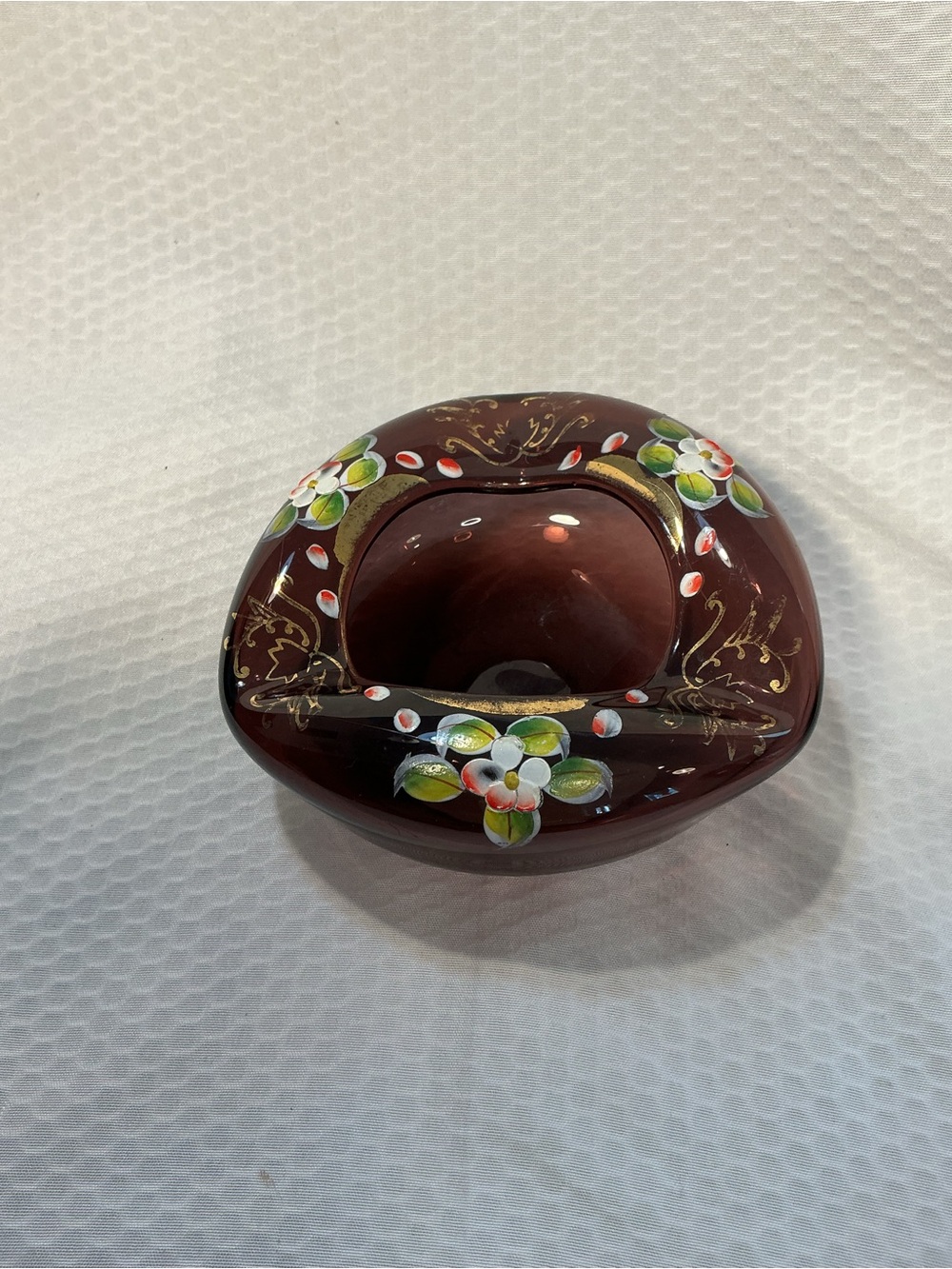 Vtg Hand-Painted Floral Glass Ashtray - Deep Burgundy